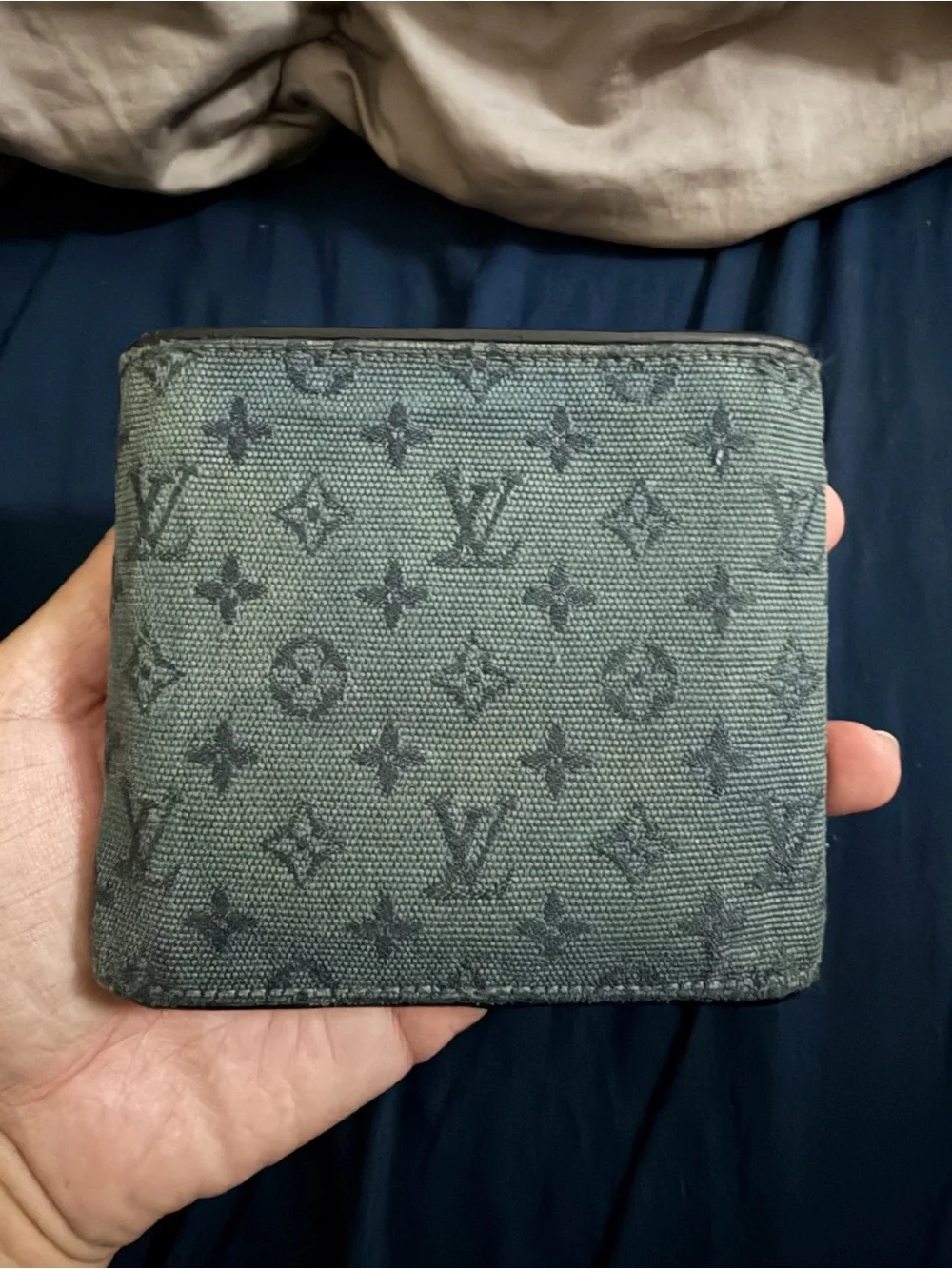 Louis Vuitton Mini Lin Compact Wallet Monogram Navy Blue Pre-Owned